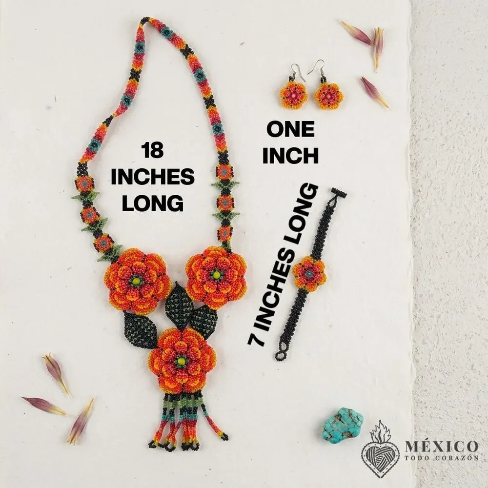 Huichol Mexican art 3 piece necklace earings and bracelet orange